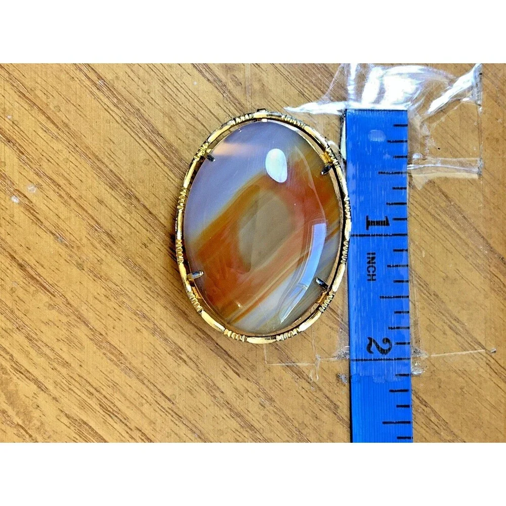 Vintage Banded Agate Stone Brooch Pendant Gold Tone Convertible Oval Cabochon